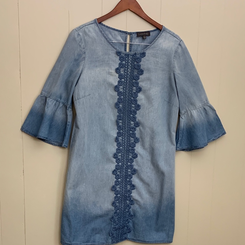 Luxology Blue Denim Dress with Lace Detail